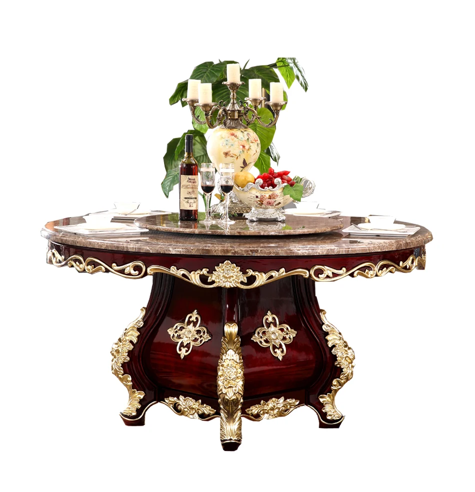 European neoclassical red sandalwood painted gold dining table chairs combination turntable dining set American Villa