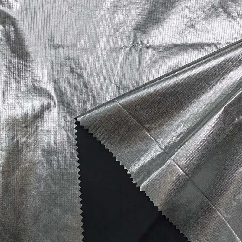 100% Polyamide 20D Silver Ripstop Nylon Fabric Aluminum Foil Print Coated For Jacket Lining