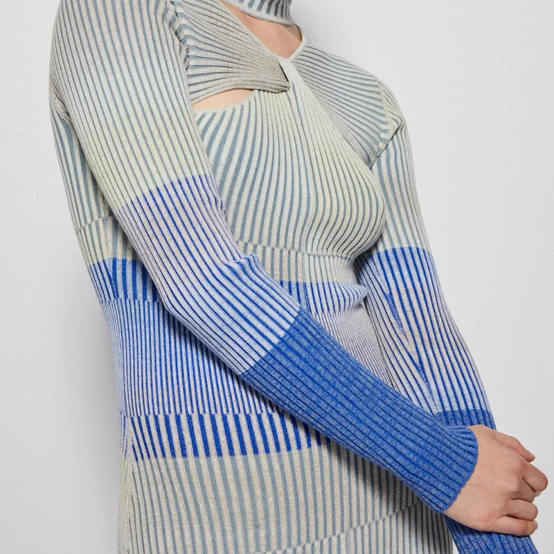 2022 Winter Custom LOGO Sexy High Collar Hollow Space Dyed Long Sleeves Knitted Long Dress Women Sweater