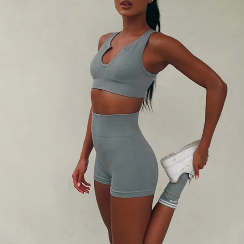 2022 Sport Wear 2 Pieces Gym Clothing Leggings Ribbed Pants Seamless Women Fitness Yoga Shorts Sets