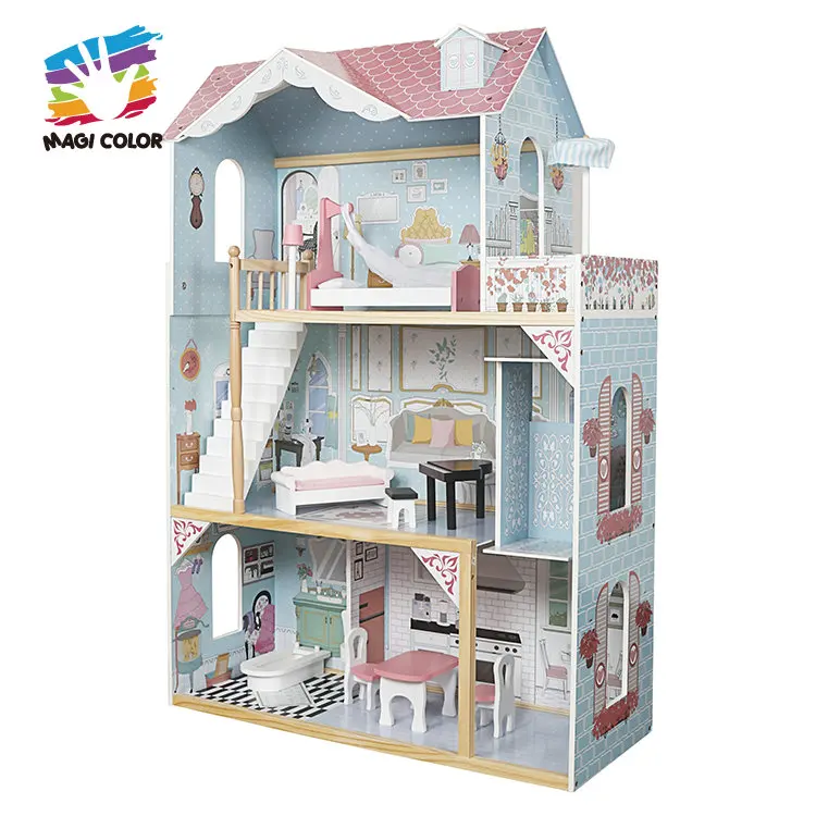 FSC Certified Large Pretend Play Wooden Girls Doll House with Elevator W06A400B