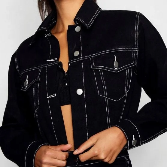 New fancy women chic wholesale cropped  black plain jean jackets