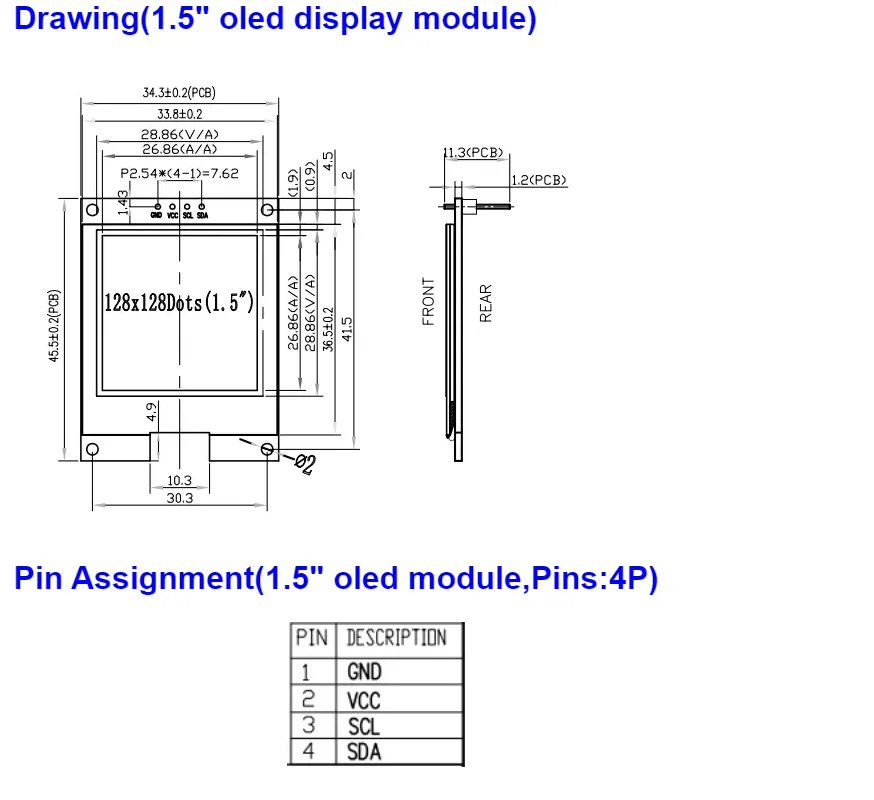 1.5 inch 128*128 Monochrome OLED Display SSD1327  I2C communication PMOLED