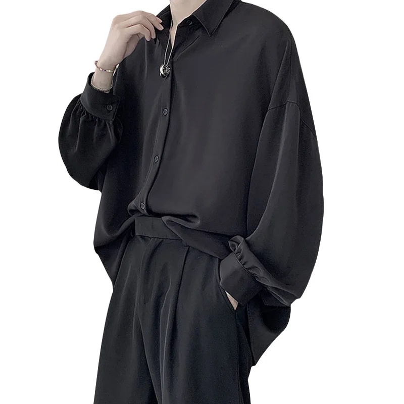 Black Long-sleeved Shirts Men Korean Comfortable Blouses Casual Loose Single Breasted Shirt