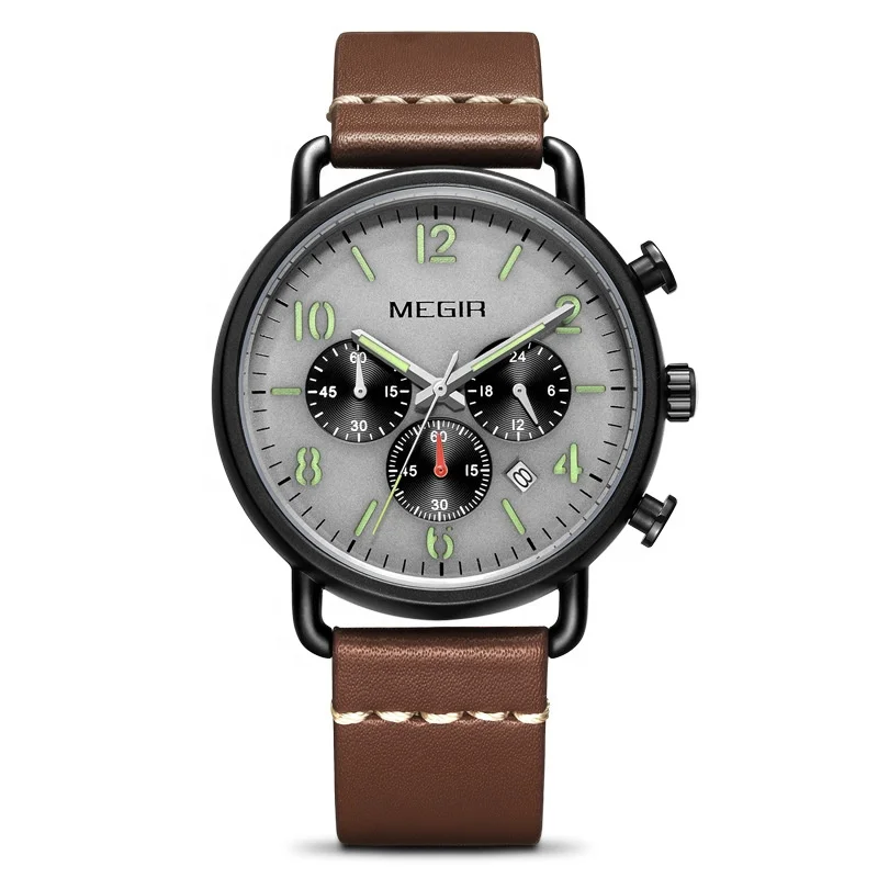 MEGIR 2158 Sports Watch for Men Luminous Hands Quartz Wristwatch Leather Steel Chronograph Big Dial Watches Clock Montre Homme