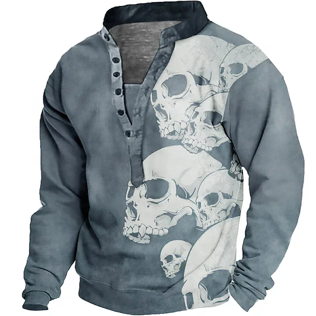 Wholesale Skull Graphic Prints V Neck Henley Sweatshirt Plus Size Button Up Jerseys Gym Fitness Durable Sport Sweater For Men