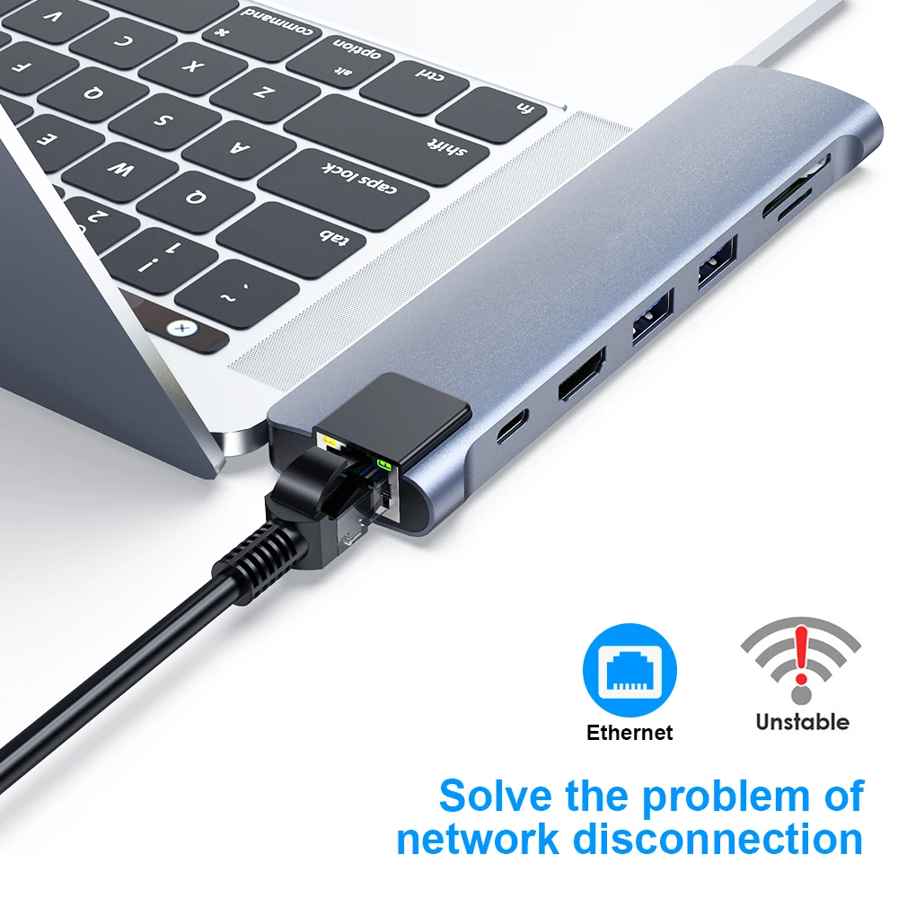 8 In 1 Type C To USB Hub With Rj45 Fast Charge USB C Hub Adapter For Macbook Pro