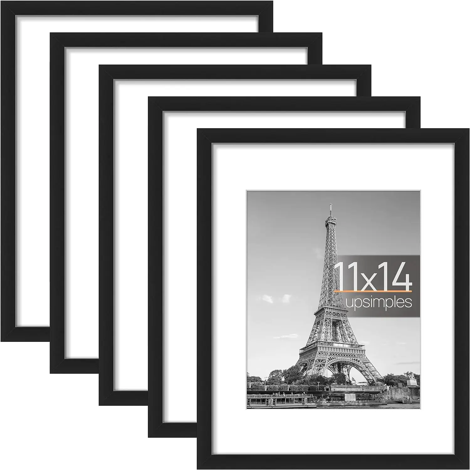 11x14 Picture Frame Set of 5, Display Pictures 8x10 with Mat or 11x14 Without Mat, Wall Gallery Photo Frames, Black