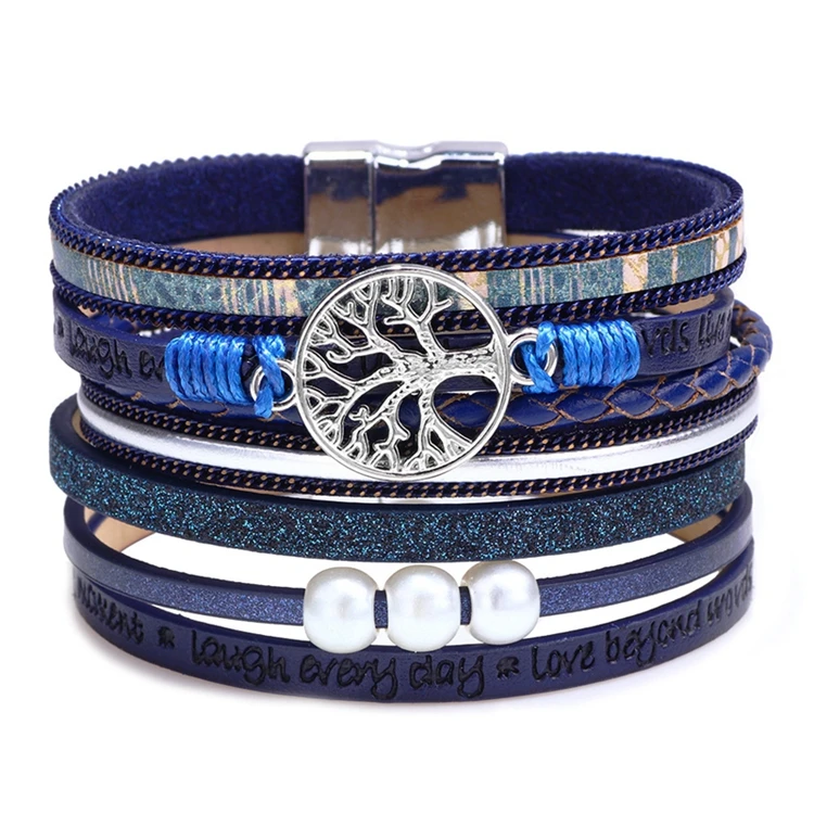 Wholesale Charm Pearl Tree Of Life Wide Magnetic Buckle Clasp Women Multilayer Wrap Leather Bracelet Jewelry For Ladies