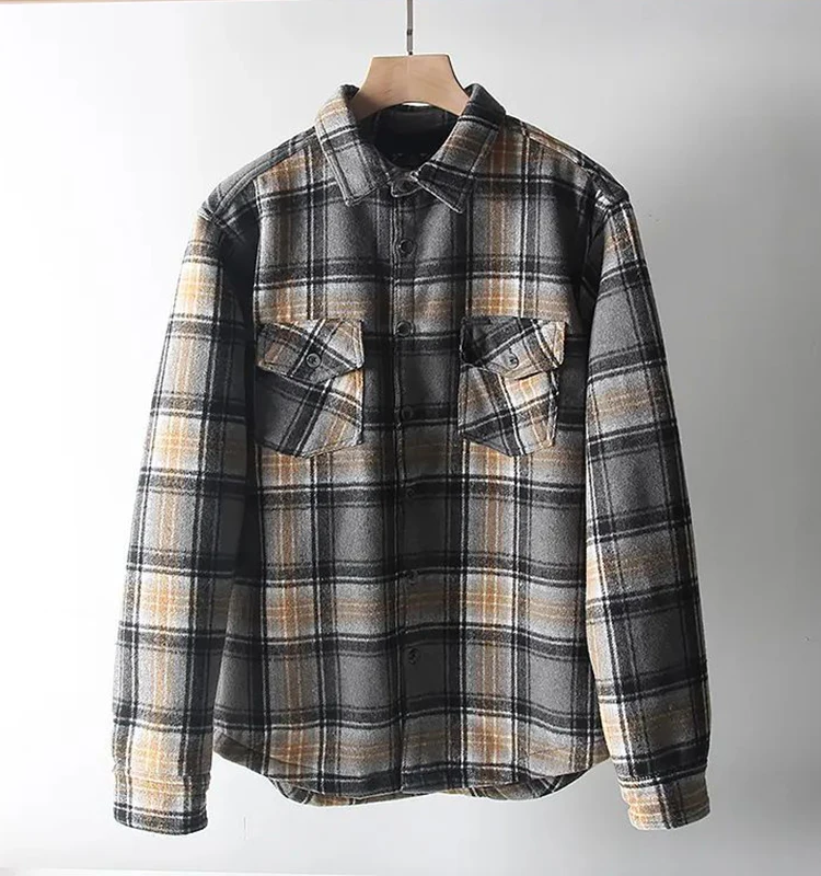 OEM/ODM camisas para Custom mens winter fleece orange plaid shirt flannel men oversized vintage shirt with two patch pockets