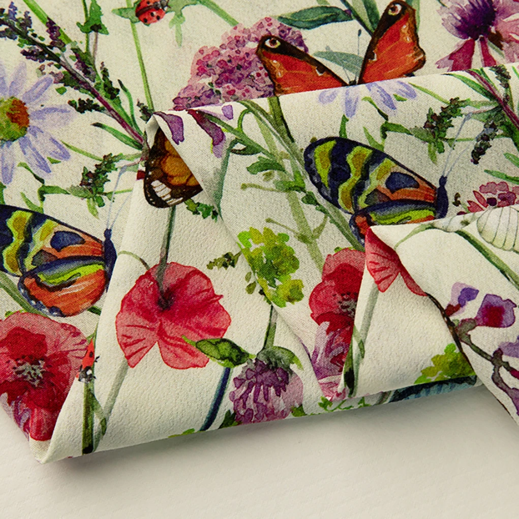 Digital Printed Botanical Watercolor Butterfly Pattern 55% Viscose 45% Rayon Challis Crepe Fabric for Women