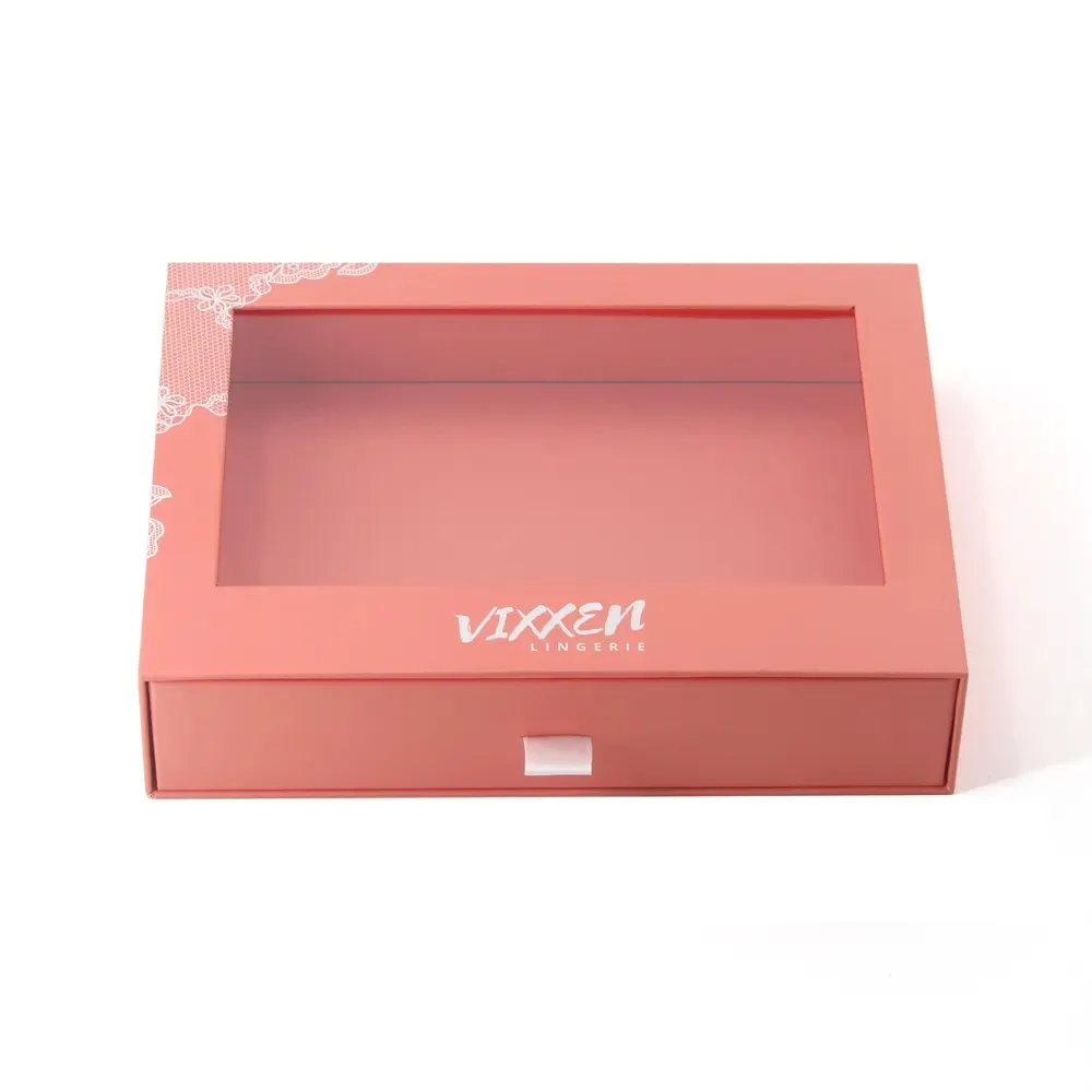 Custom Luxury Elegant Lingerie Gift Packaging Box UV Advantage Paperboard Drawer Box with PVC Window