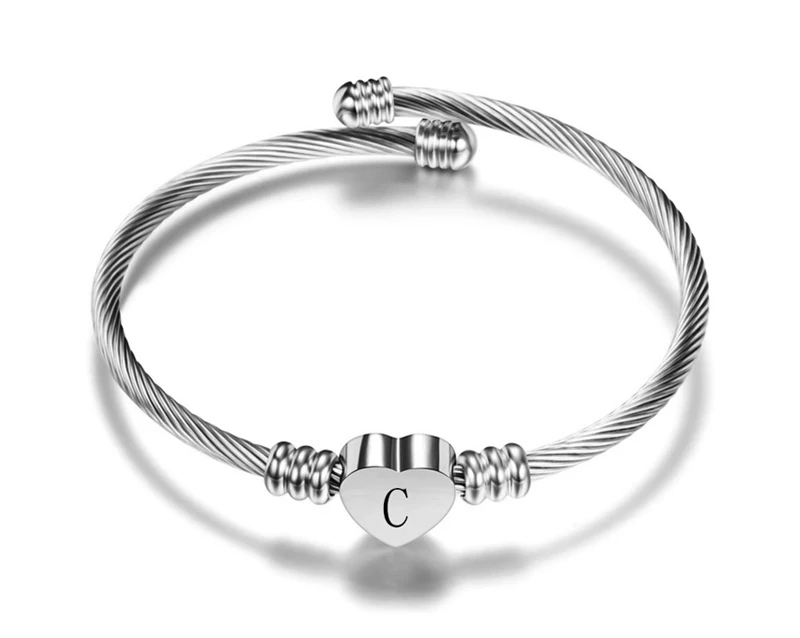 Fashion personality cable design cuff heart charm stainless steel bangle bracelet