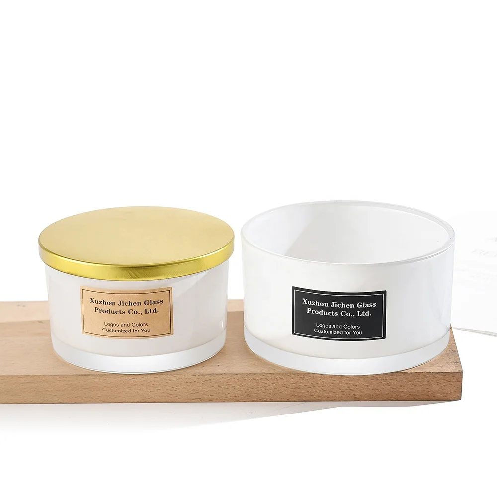 Scented frosted white round big bowl 530ml three wicks glass candle jars with metal lid for home decoration candle making