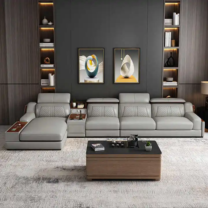 Italian modern multifunctional sofa light luxury Faux Leather sectional sofa couch with USB charging and bluetooth speaker