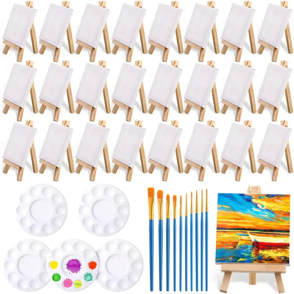 Xin Bowen Wholesale 24pcs Art Blank Cotton Painting Canvas  3 x 3 Inch Painting Canvas With Brushes Palettes