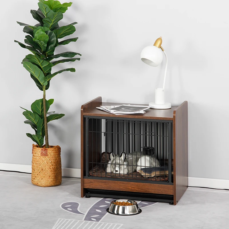 Modern Metal Wooden Cage For Pet End table Dog Crate Furniture With Tray