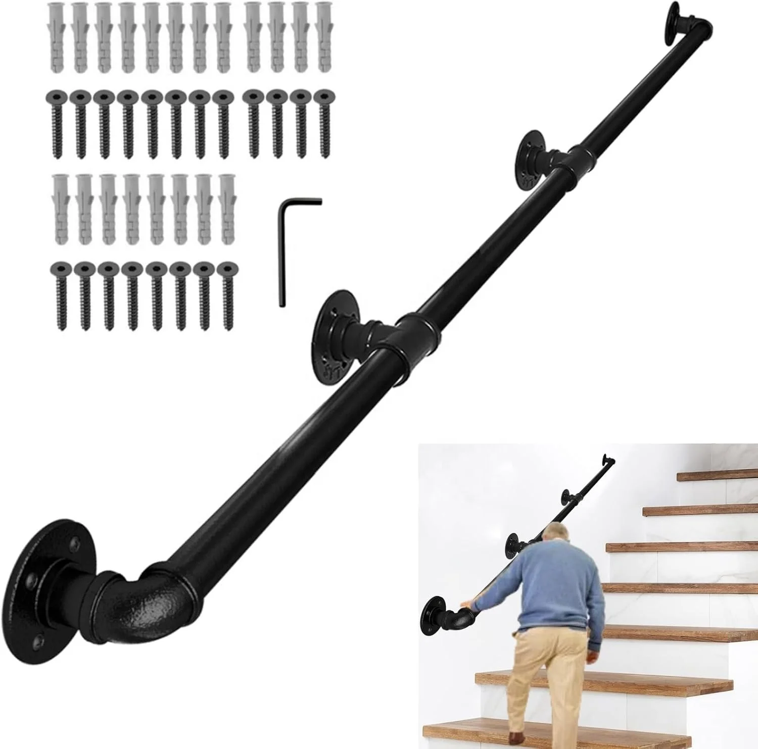 3 Meters/10 FT Black Cover Metal Pipe Hand Rail Wall Mount Steps Grab Bars Staircase Handrail
