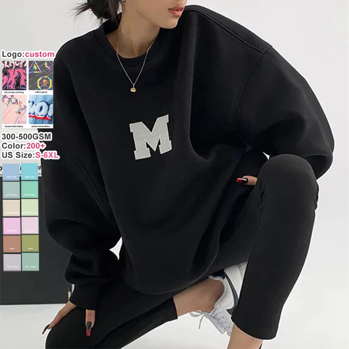 Black crew neck sweater 500gsm 100 % cotton oversized crewneck hoodies embroidery white heavyweight sweatshirt women heavy hoody