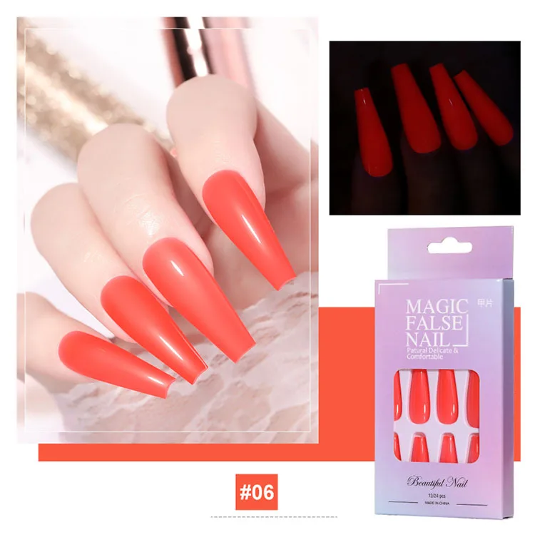 24PCS Noctilucence Neon Lights Luminous Long Ballet Nightclub Party Girls Coffin Fake Nails