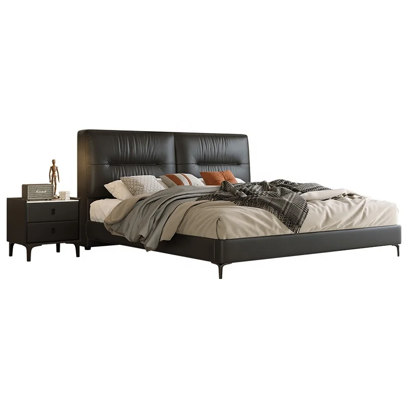 Italian Bedroom Furniture Upholstered Platform Bed Real Leather Bed with Headboard for Bedroom Contemporary Double Bed