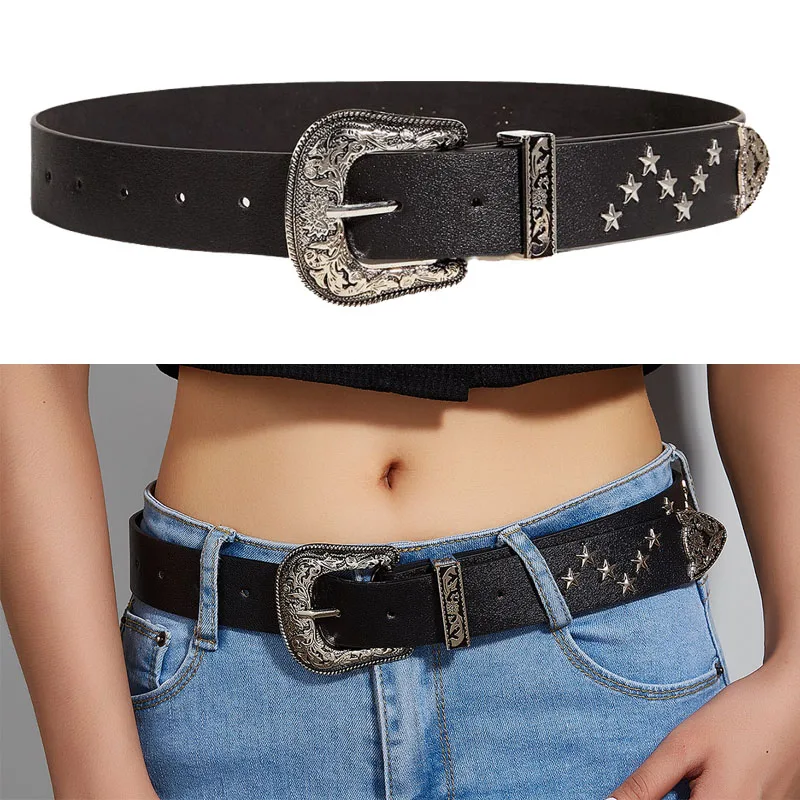 REWIN 2024 New Punk Rock Star Rivet Waist Belts 3.3cm Width PU Leather Belts for Women Jeans Pants