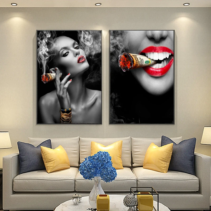 sexy girl poster Modern Wall Art Sexy Red Lips Hot Women Smoking Dollar Canvas Painting