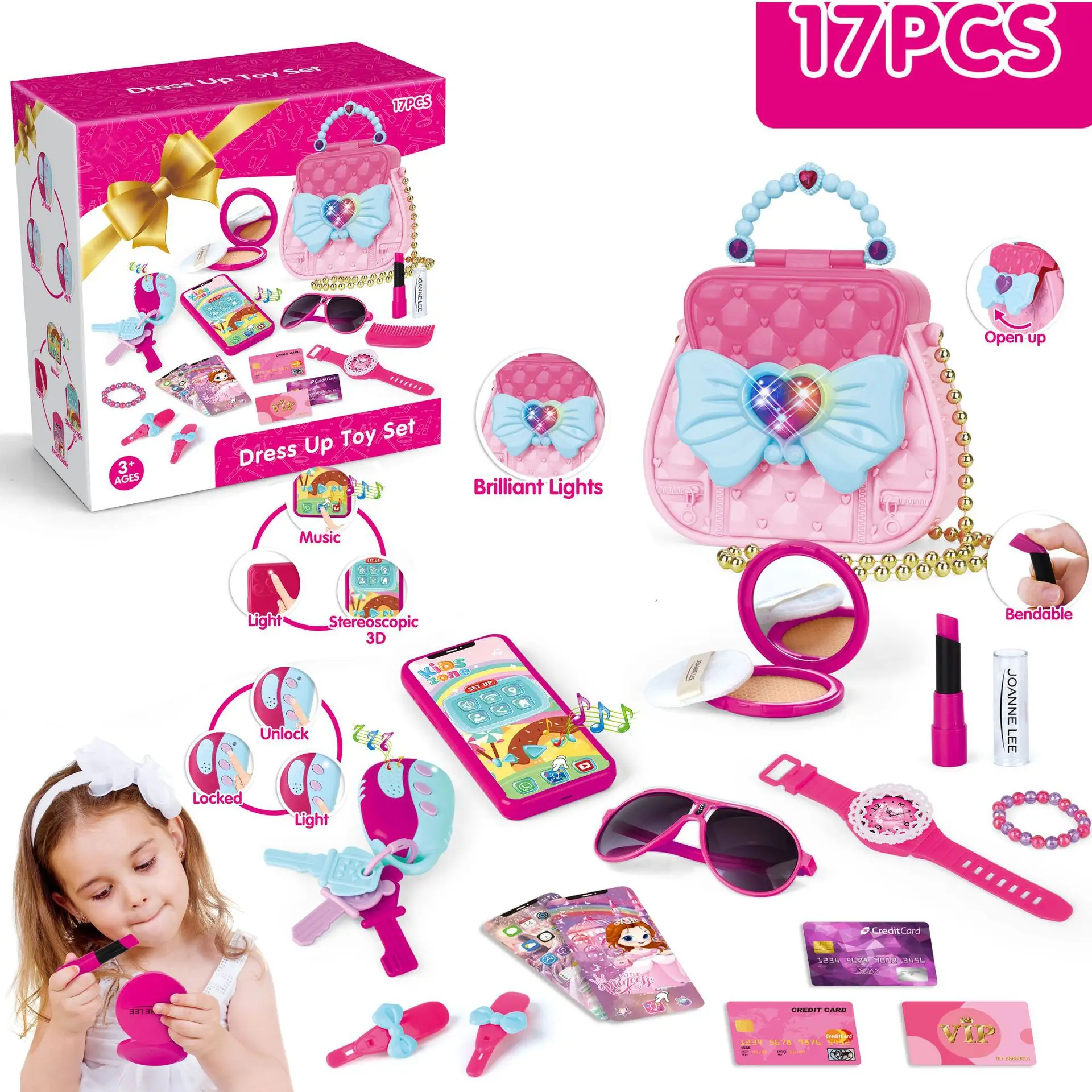 Little Girls  Pretend Play Purse 17 Piece Make Up Set  Toys for Girls 3+ Toy bag with Makeup, Smartphone Girls tool Toy Sets