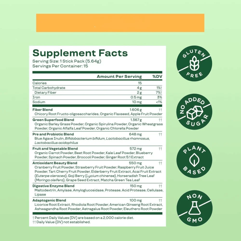 OEM Vegan Juice Supplement Greens Blend Superfood Green Energy Drink Super Greens Powder With Spirulina Probiotics