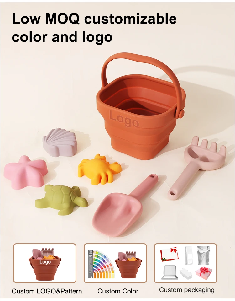 Customized Summer 7 Piece Unique Eco Bpa Free Silicone Foldable Water Beach Sand Toys Colorful Children Beach Toys Bucket Sets