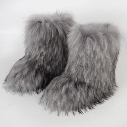 European and American flat heel high top Faux Fur Boots warm winter deep mouth round head medium tube fox fur snow boots