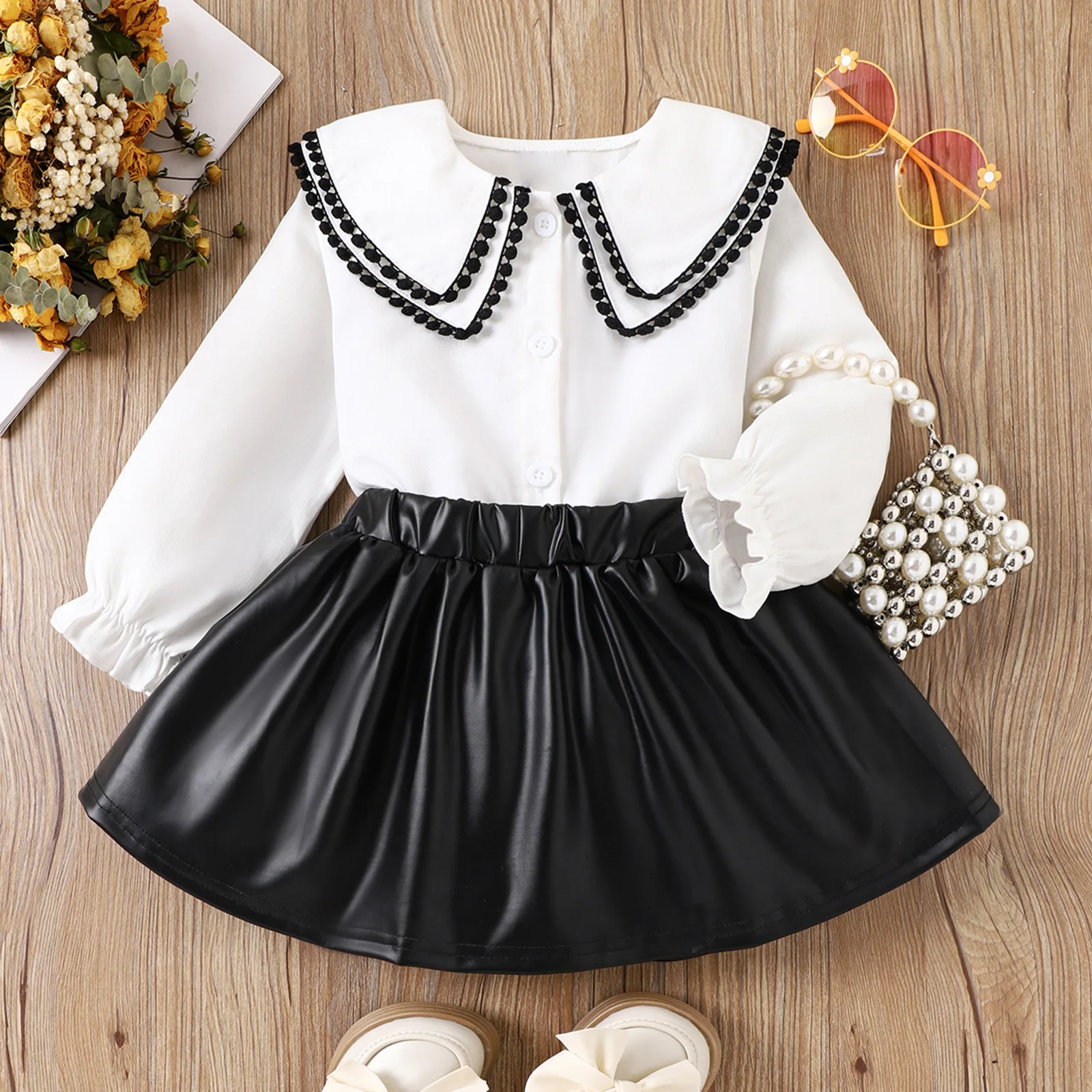 British style baby girl set with solid color lace long sleeved top and PU leather pants short skirt in stock