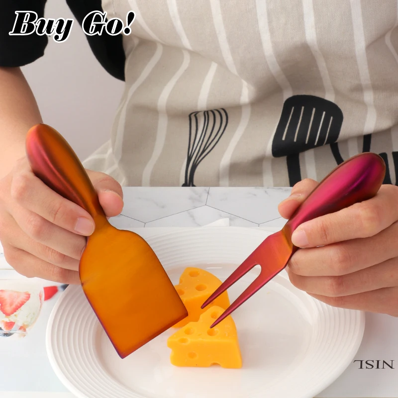 4 Pieces Cheese Cutter Color Plated Stainless Steel Cheese Shaver Fork Spreaders Cheese Knife Set