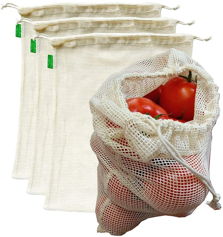 Eco friendly Reusable Grocery Cotton Mesh Produce Bags 100% Cotton Vegetable Fruit Storage Bags