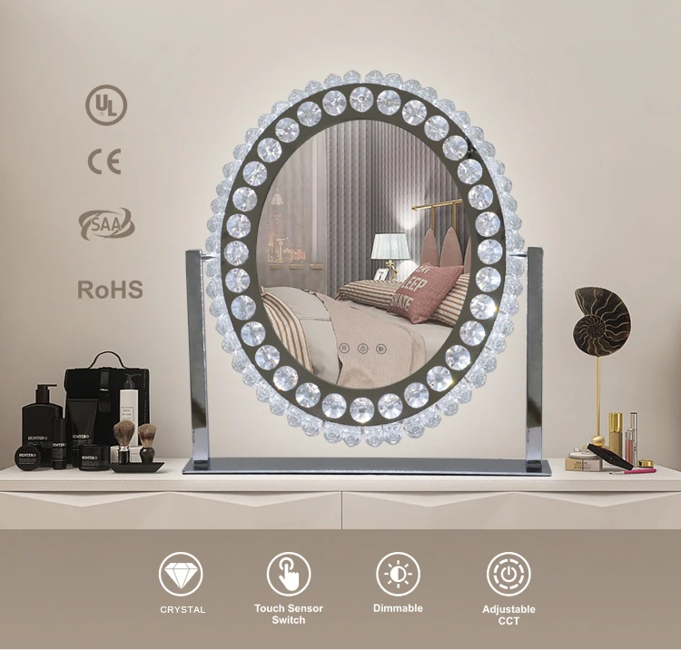 Luxury Crystal Led Table 360 Degree Rotation Large Size Beauty Distribute Touch Sensor Switch 3 Color Lights Makeup Mirror