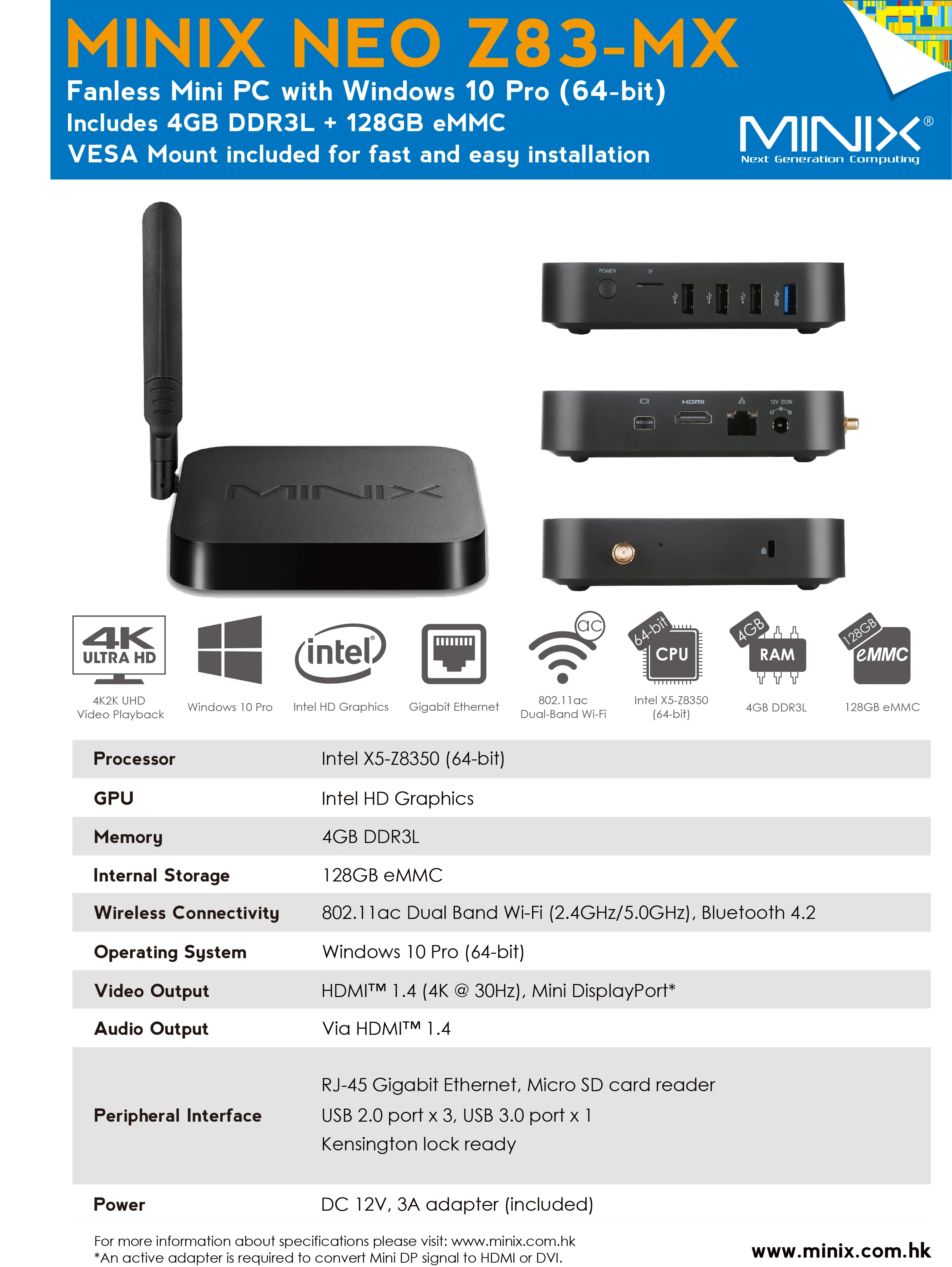 Factory price MINIX NEO Z83 MX  Licensed WinS 10 pro Mini pc Intel Z8350 dual wifi 4GB/128GB Android tv box