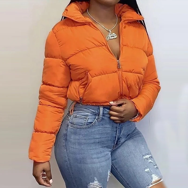 2021 women fashion fall clothes warm winter solid color women bomber jacket in orange Puffer Bubble Girls Down Coats
