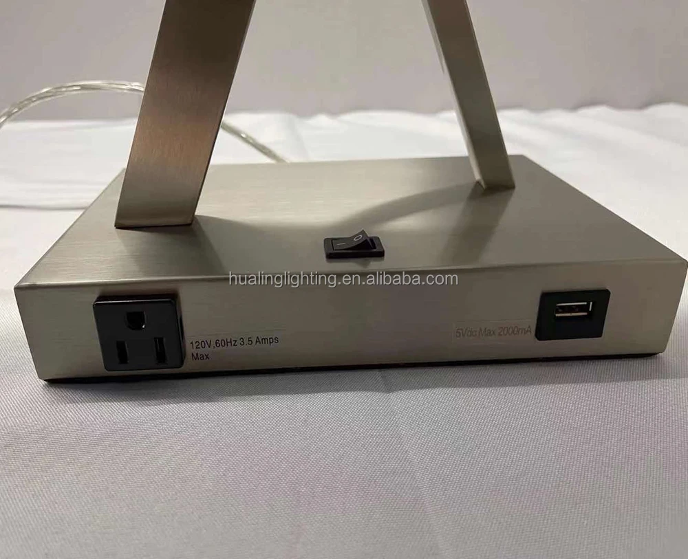 UL listed Best Western hotel project guestroom satin nickel nightstand table lamp X-131 with power outlet and USB port