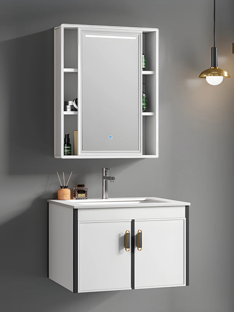 Led lighting modern design mdf floating wash basin stainless steel medicine mirror smart led bathroom cabinet vanity
