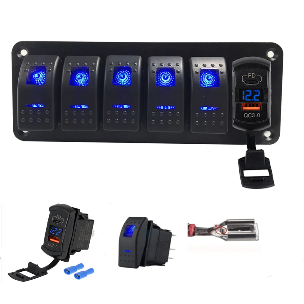 5 Gang кулисный переключатель панель с QC3.0 + PD Dual USB Автомобильное зарядное устройство вольтметр Водонепроницаемый 12V 24V DC для автомобиля грузовика