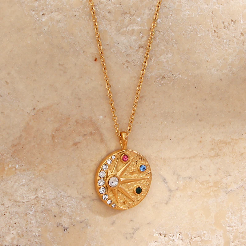 New Design Stainless Steel  Sun Moon Colorful Zircon Coin Necklace For Women 2023