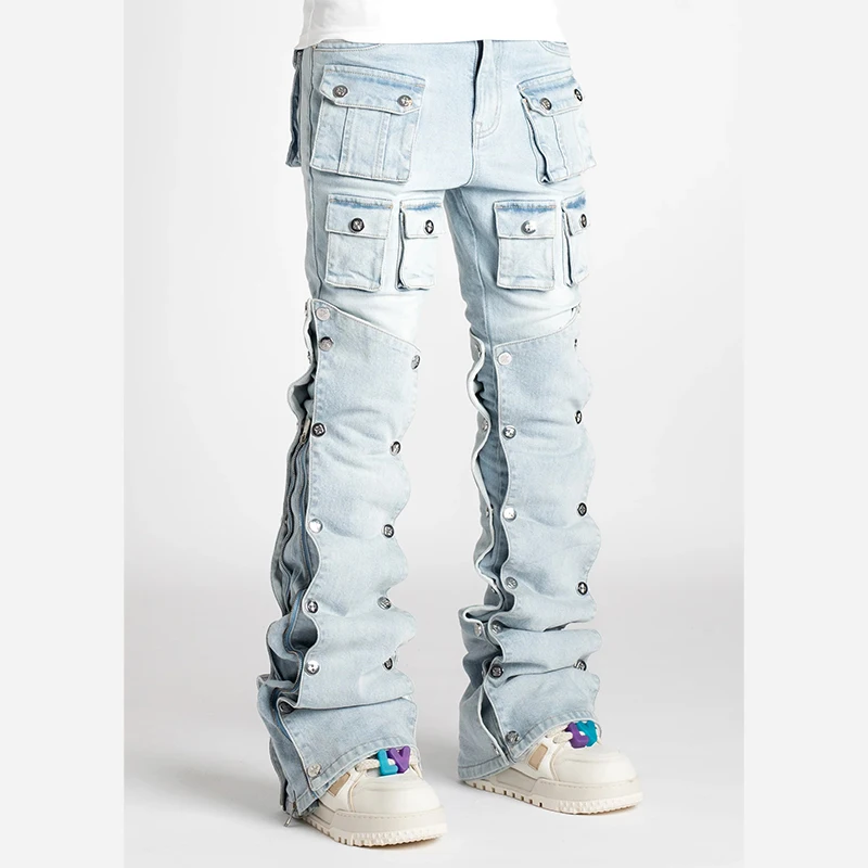 DIZNEW Bulk wholesale clothes man straight leg denim jeans multi pocket collage pleats jean for men