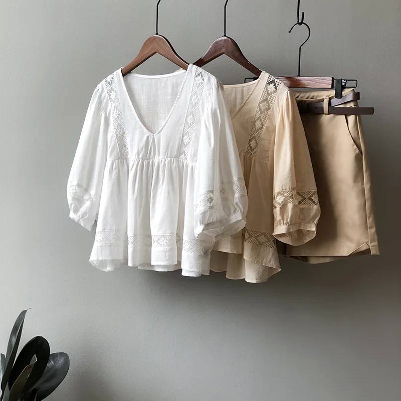 BL830018 korea style fashion vintage puff sleeve lace patchwork v neck summer women shirts blouses and tops