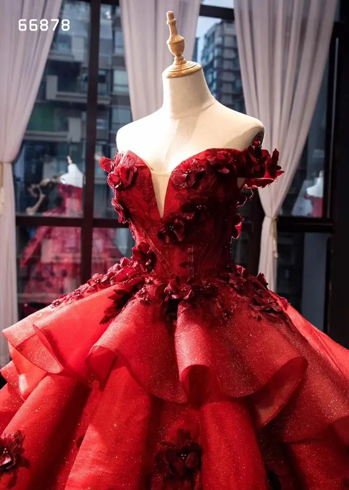 Ball Gown 3D flower Red  off- shoulder  evening dress lace big ball gown  bride  dress for wedding & party