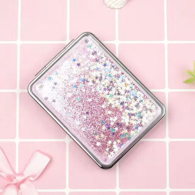 Custom Logo Mini Small Quicksand Mirror 5 Colors Round Square Glitter Pocket Makeup Mirror