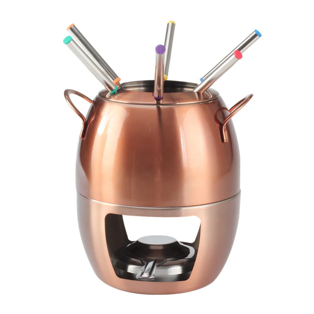 Stainless Steel Fondue Set with 6 Color-Coded Forks, Fondue Burner --Copper
