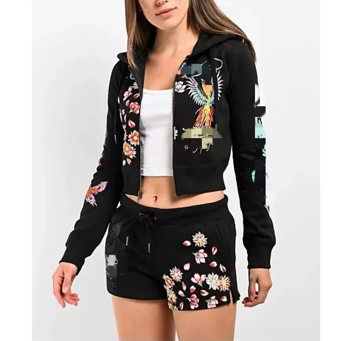 X14413C women Pattern Print Long Sleeve Zipper Hoodie With Shorts Set