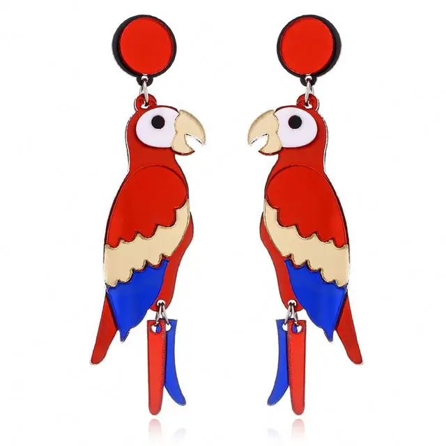 Bohemian Cute Fashion Animal Parrot Bird Drop Earrings Women Shiny Rhinestone Fringed Statement Tassel Acrylic Earrings Jewelry