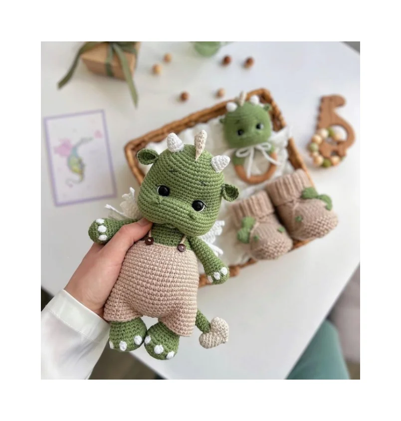 New Hot Selling Crochet Dinosaur Stuffed Toys Handmade Bunny with Big Ears Custom Amigurumi Rattle and Shoes Baby Gifts