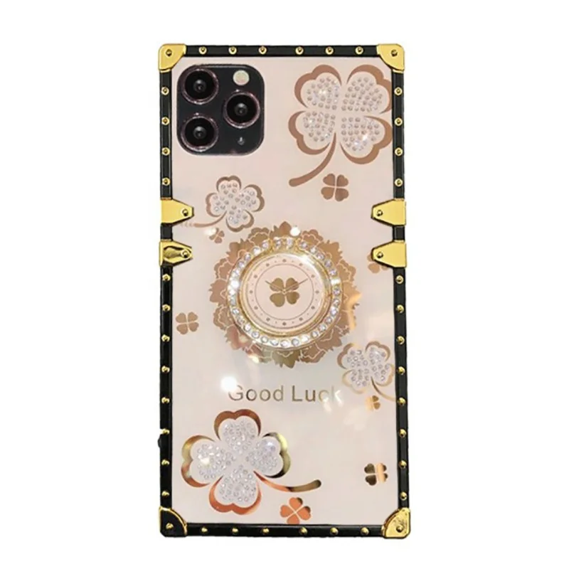 Luxury Square Diamond Lucky Grass Phone Case For iPhone 11 6 7 8 Plus XS XR 12 Pro Max Case With Bling Bling Clock
